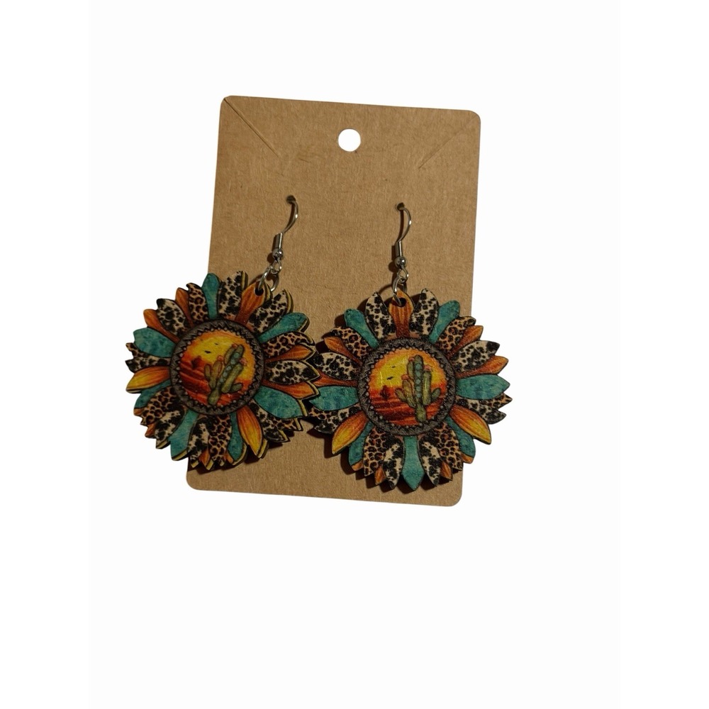 Western Sunflower Wooden Earrings Leopard Print Turquoise Cactus Desert Dangle‎